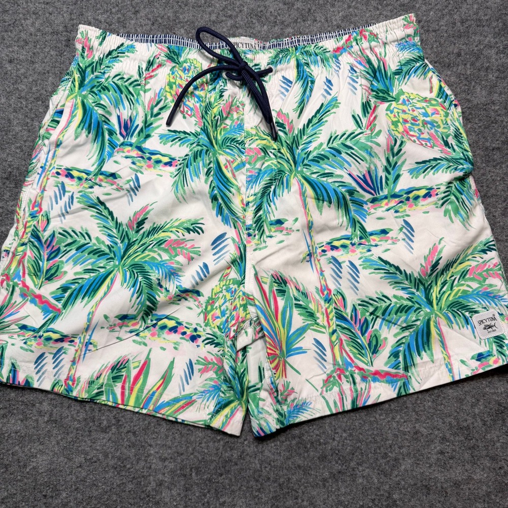 SPICY TUNA MENS SWIM TRUNKS TROPICAL PALM TREE PINEAPPLE BOARD SHORTS WHITE XL